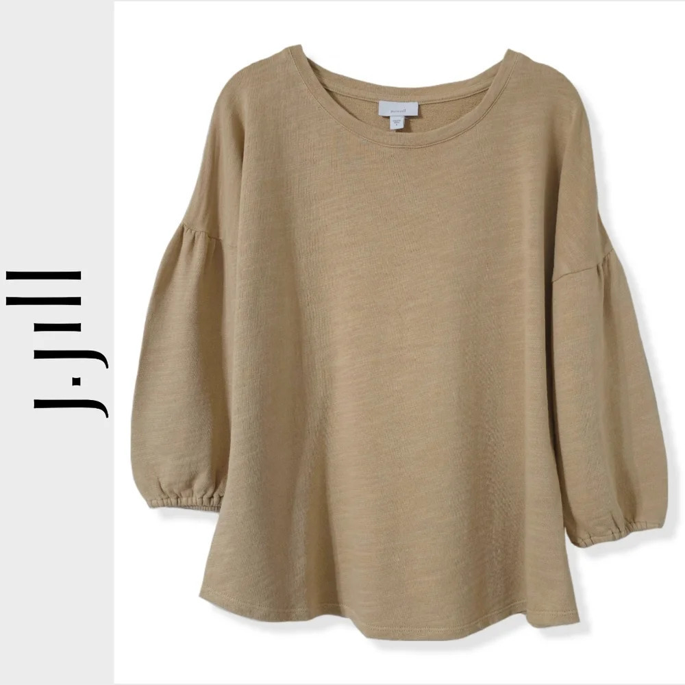 J. JILL 100 Cotton French Terry Slub Knit Long Sleeve Crew, Bishop Sleeves, S